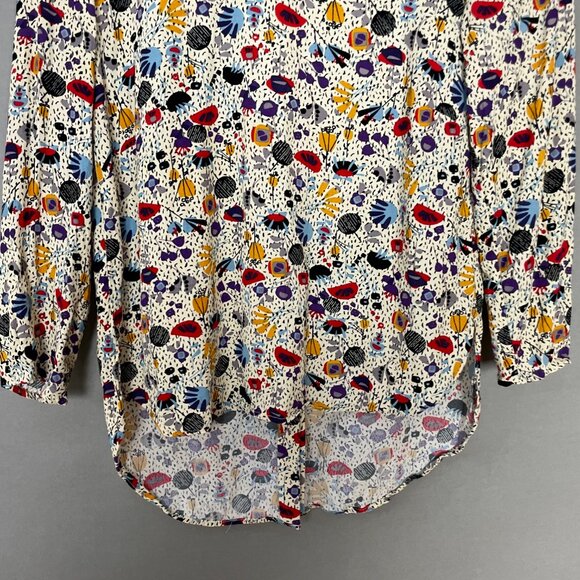 H&M Top Busy Abstract Print Eclectic High Low Cropped Sleeves Size 4 Button Back - Picture 5 of 11